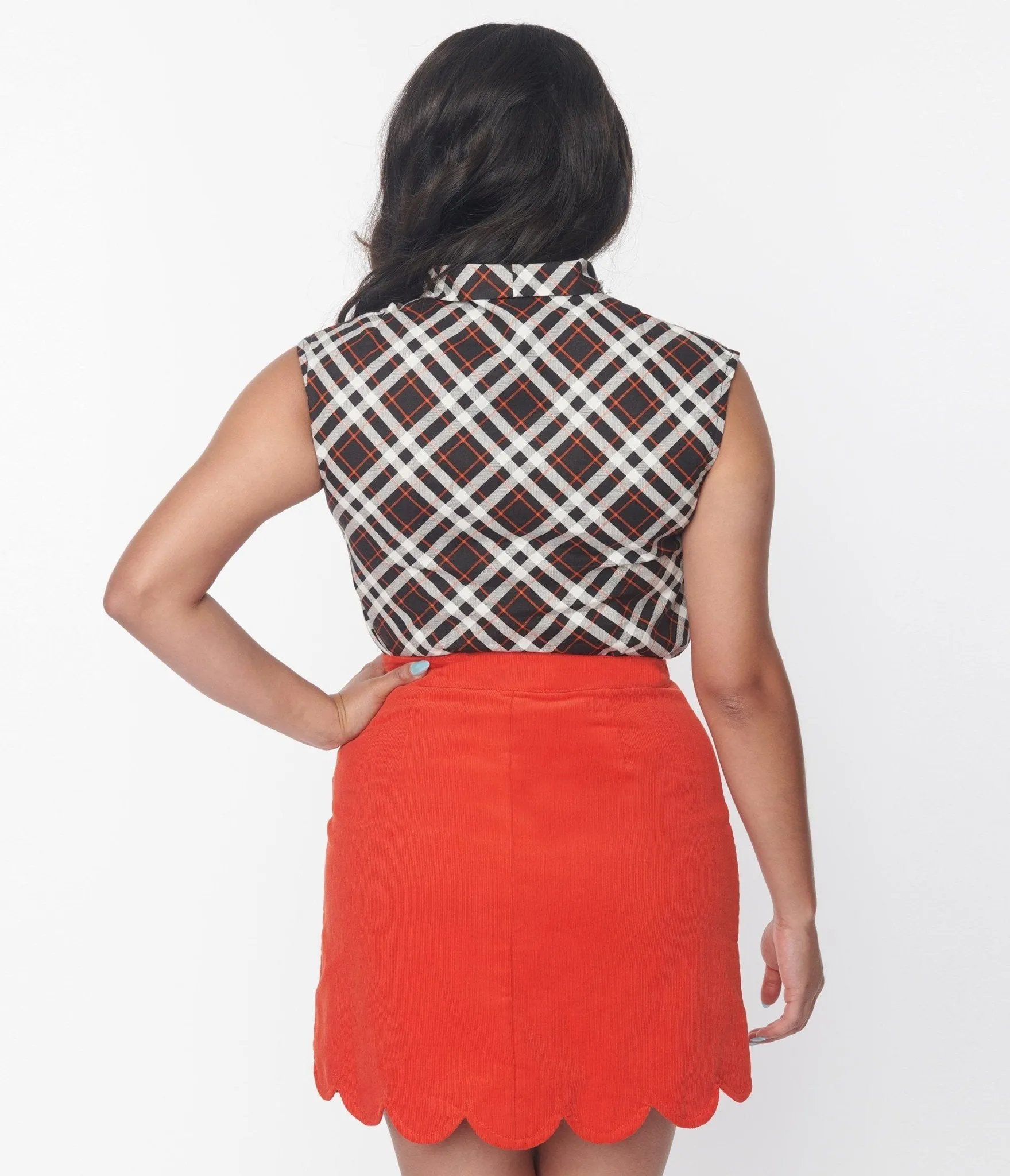 Retrolicious Black & Orange Plaid Bow Top