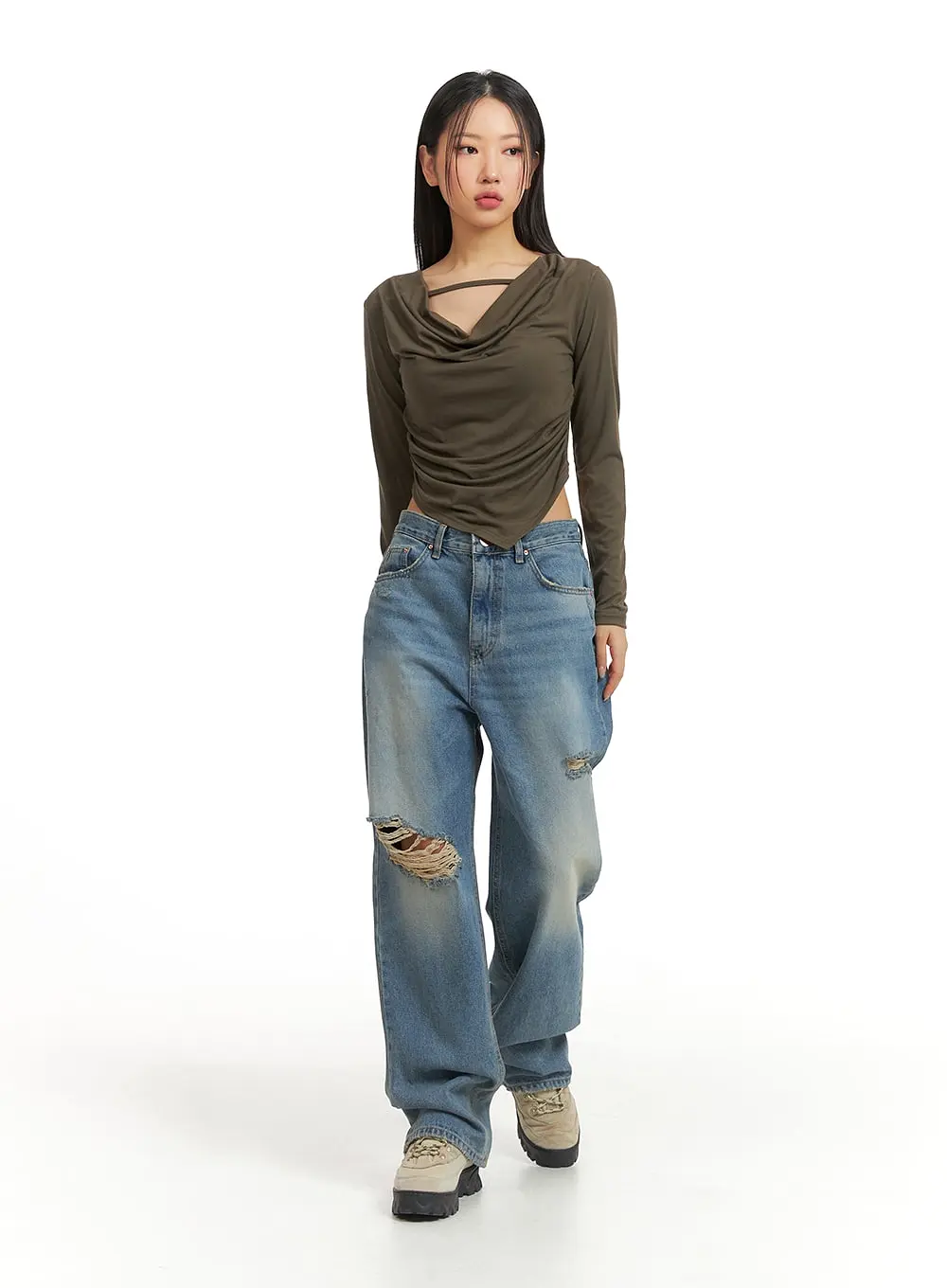 Ripped Washed Wide-Leg Jeans CJ426