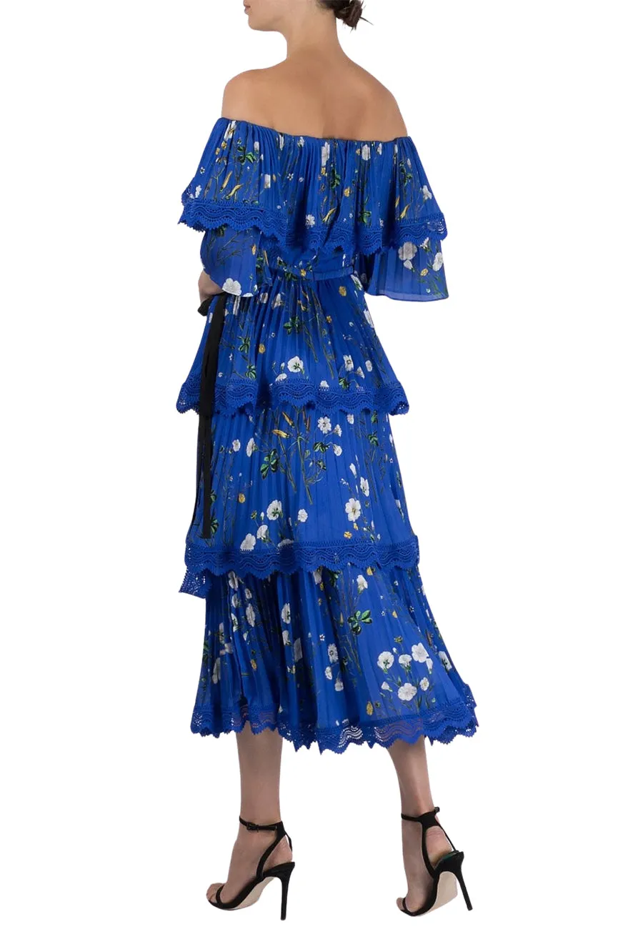 Royal Blue Floral Tiered Off Shoulder Midi Dress