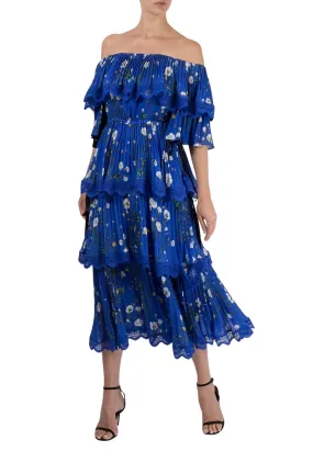 Royal Blue Floral Tiered Off Shoulder Midi Dress