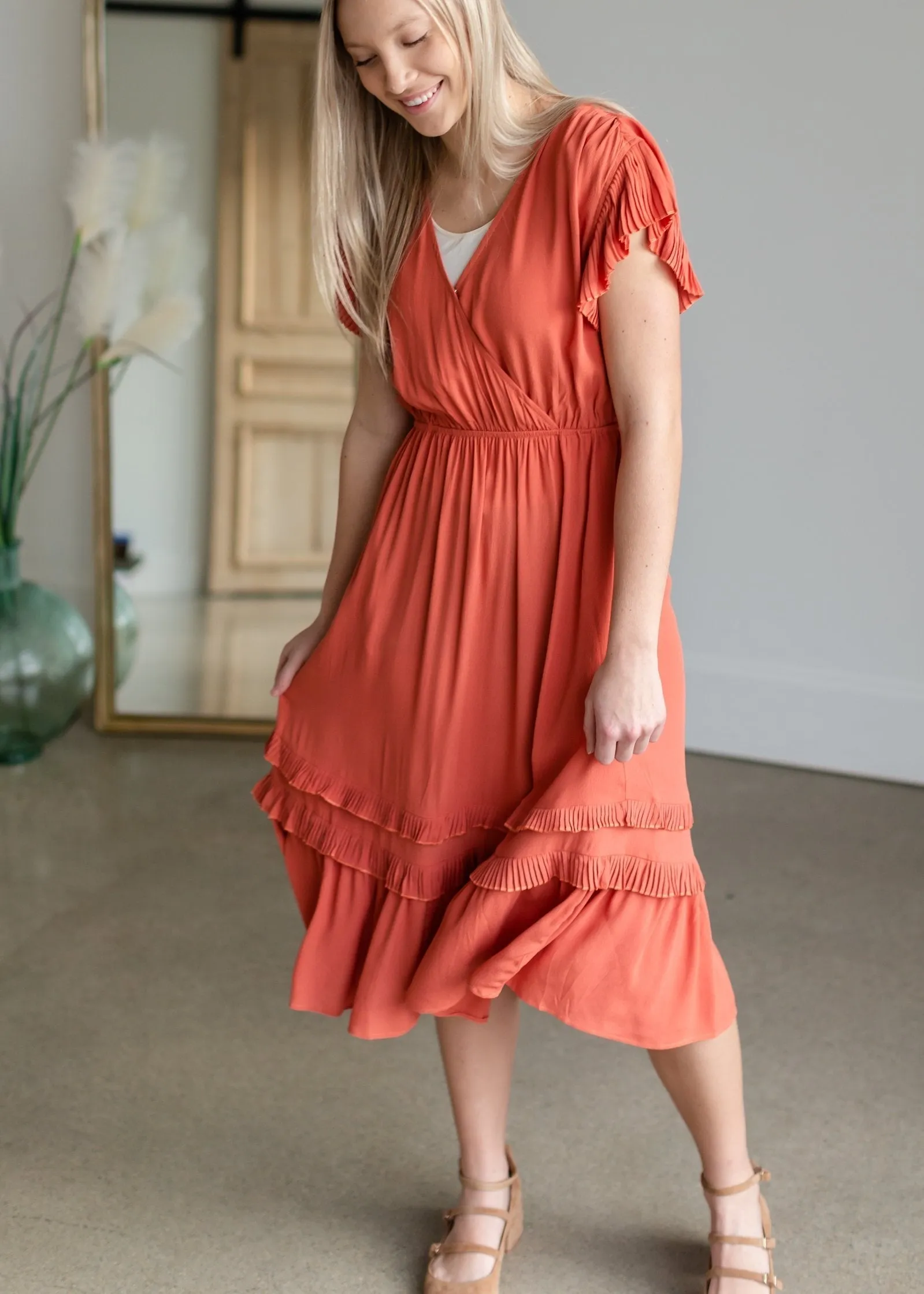 Rust Tiered Pleated Ruffle Midi Dress-FINAL SALE