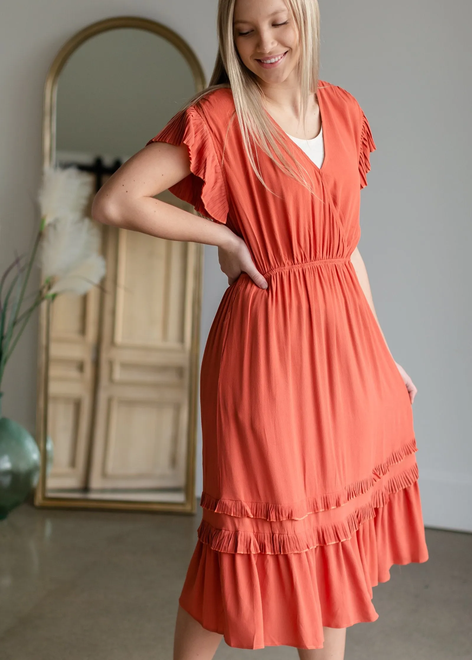 Rust Tiered Pleated Ruffle Midi Dress-FINAL SALE