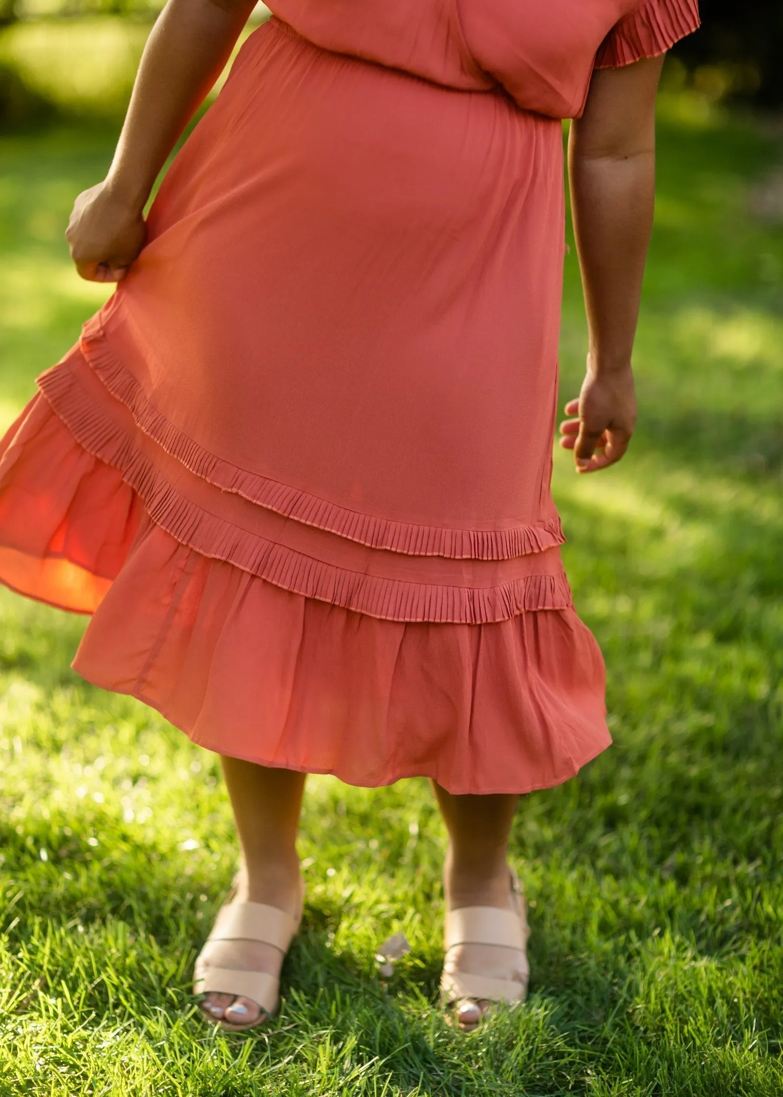 Rust Tiered Pleated Ruffle Midi Dress-FINAL SALE