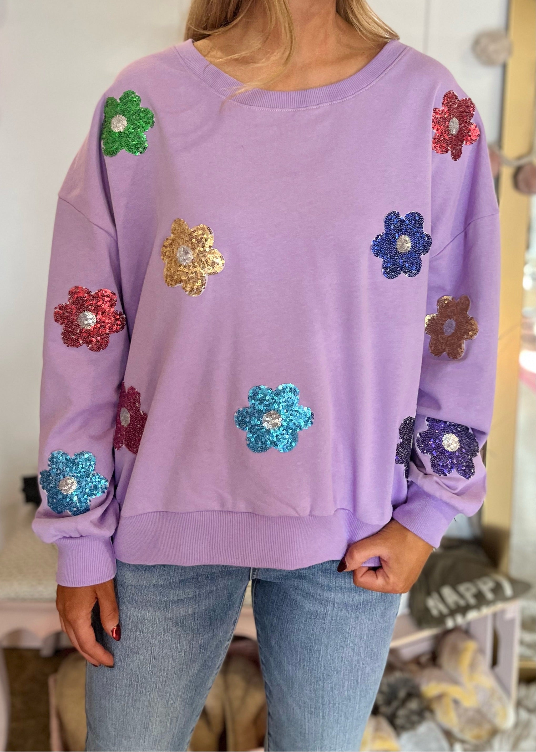 Sequin Flower Patch Pullover - Purple