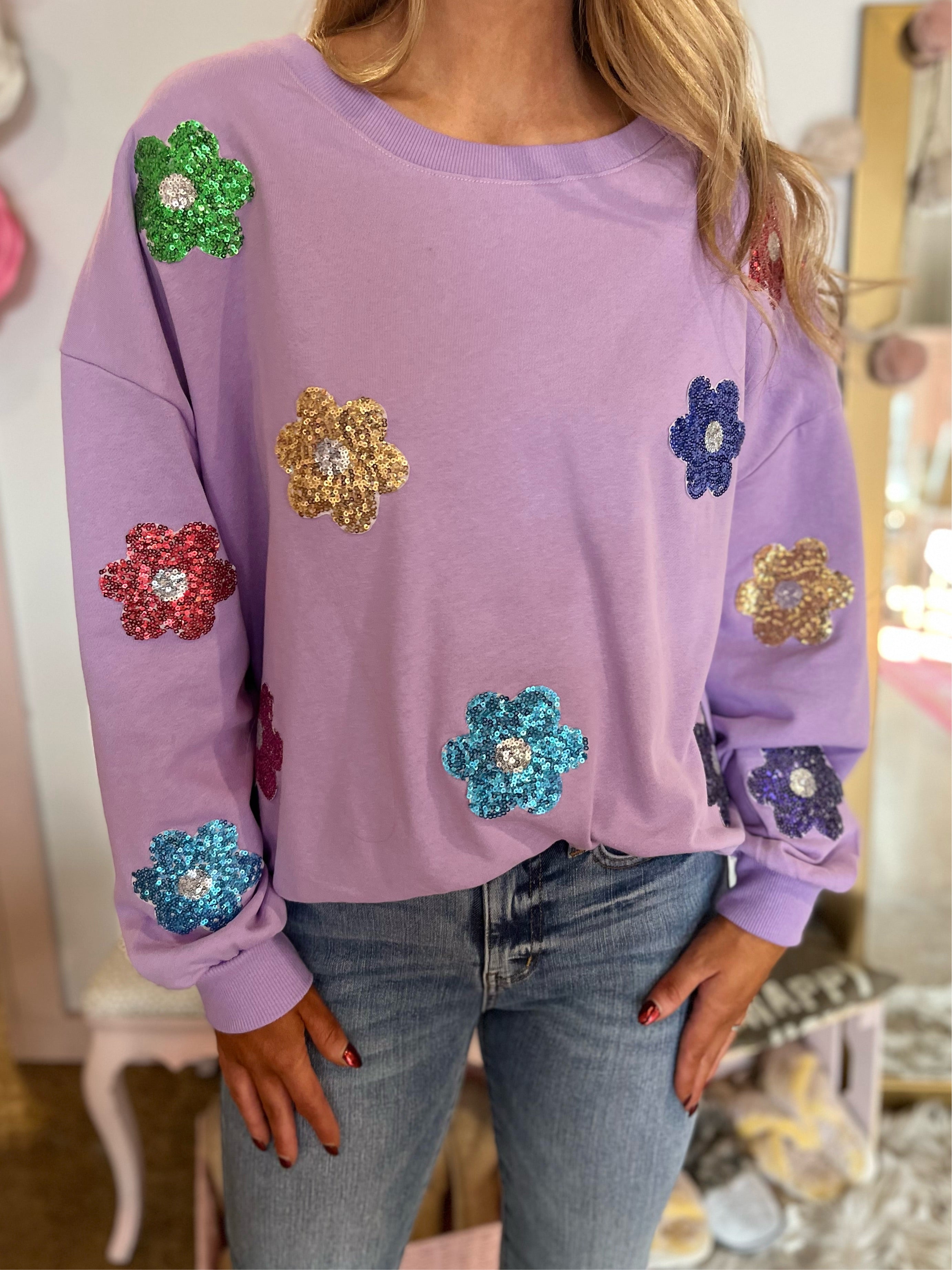 Sequin Flower Patch Pullover - Purple