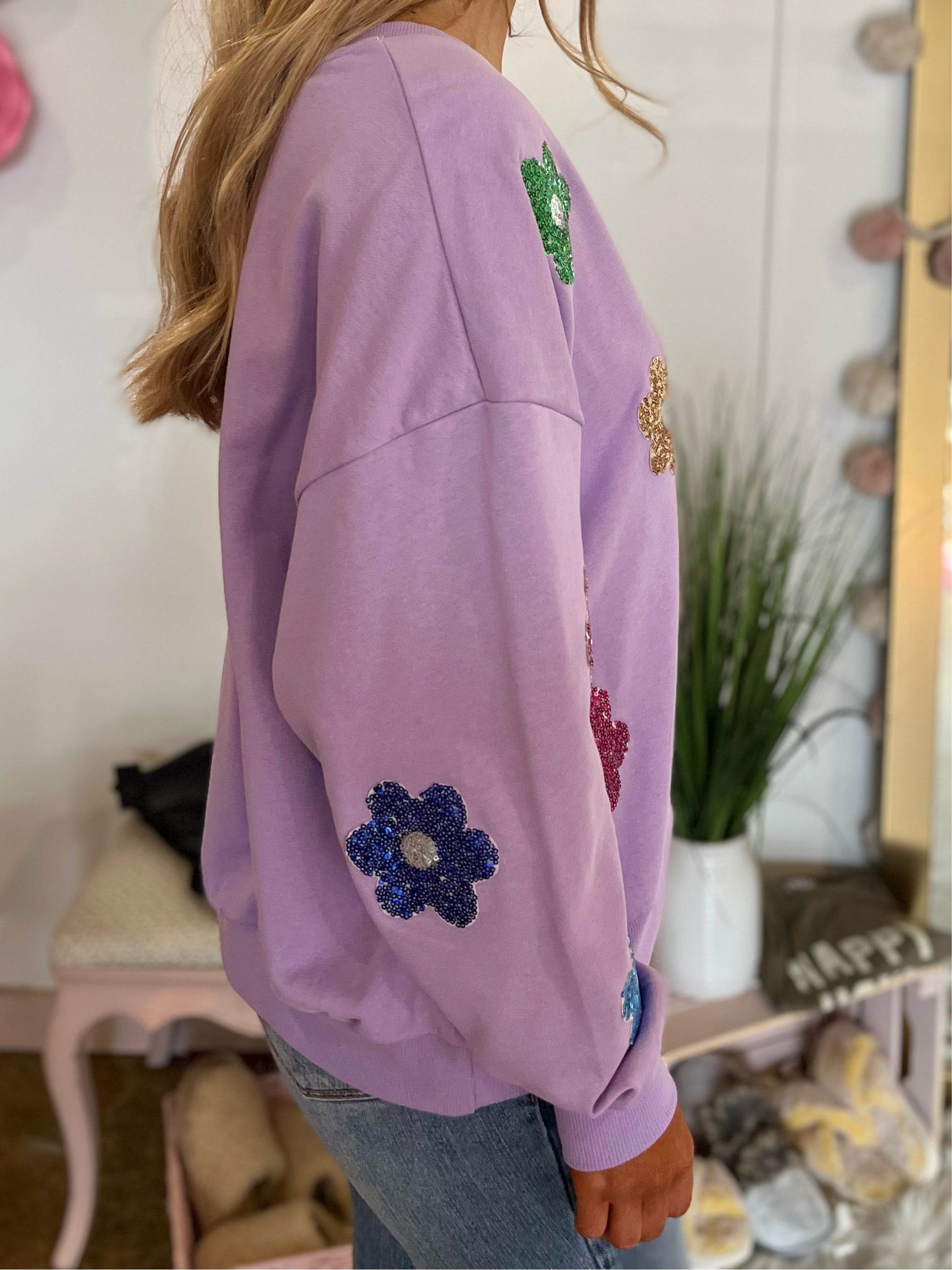 Sequin Flower Patch Pullover - Purple