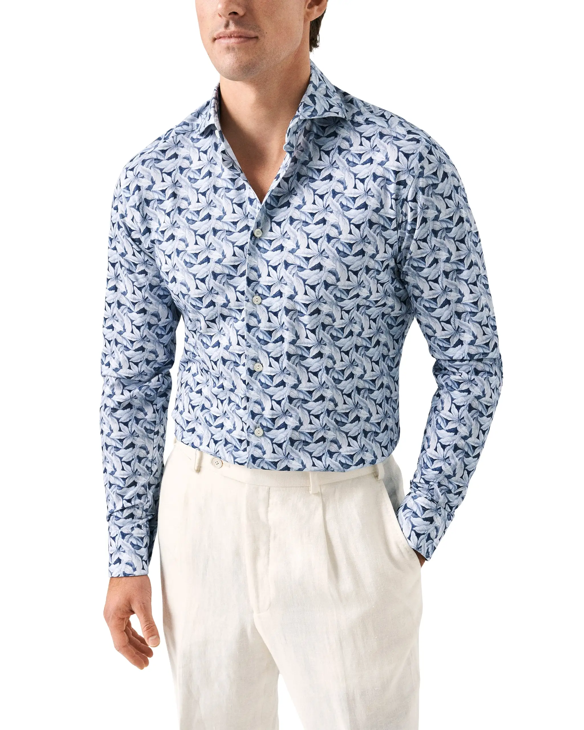 Slim Fit - Palm Print Cotton Four-Way Stretch Shirt