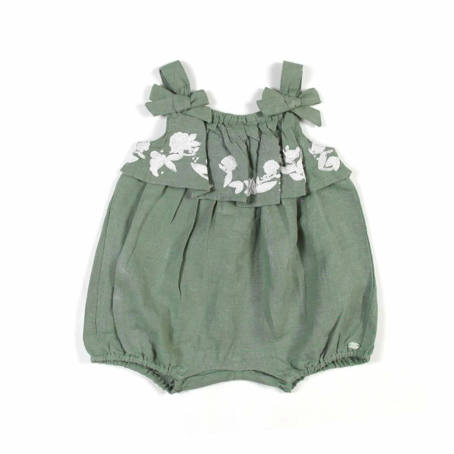 Tartine Et Chocolat Khaki Green Linen Romper For Baby Girls