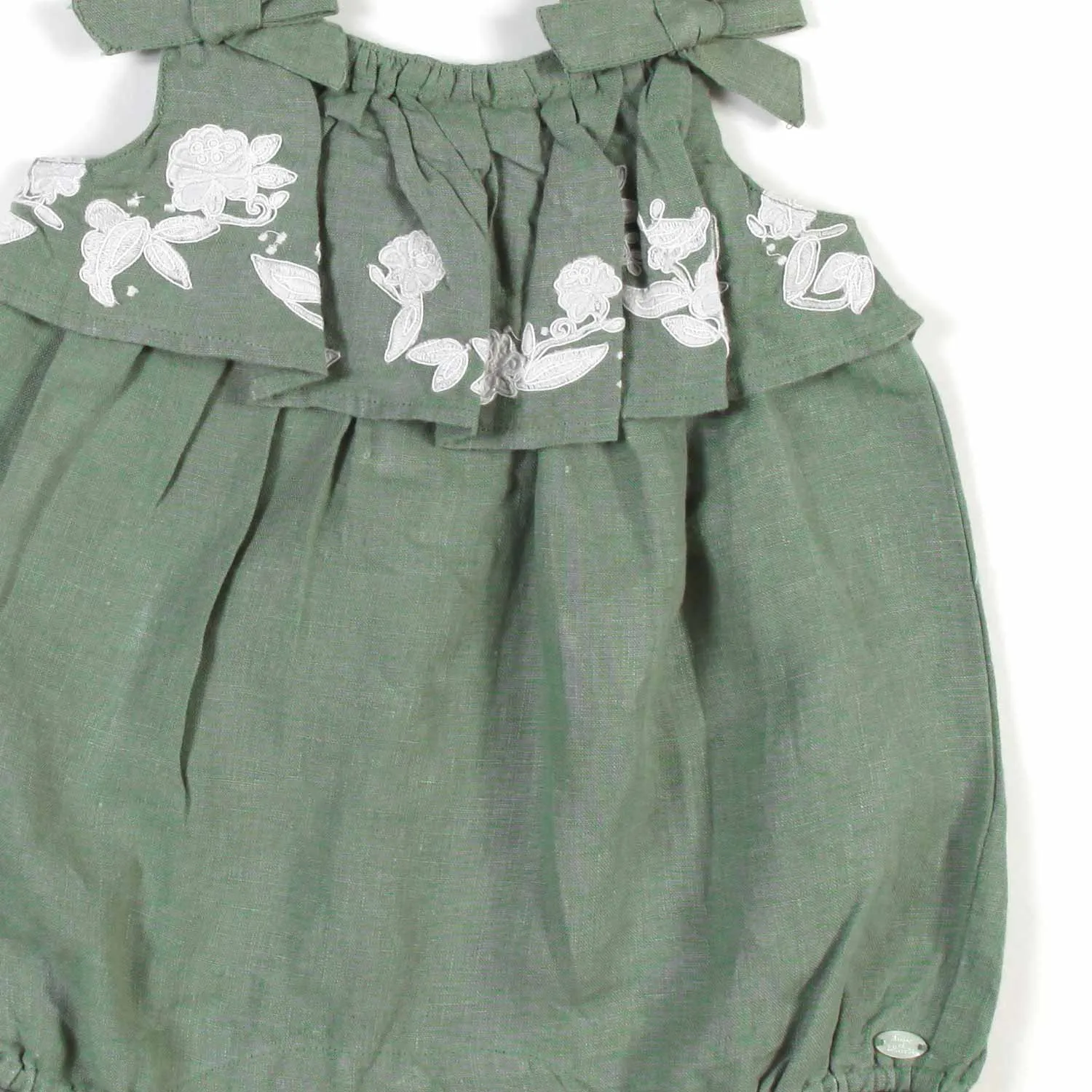 Tartine Et Chocolat Khaki Green Linen Romper For Baby Girls