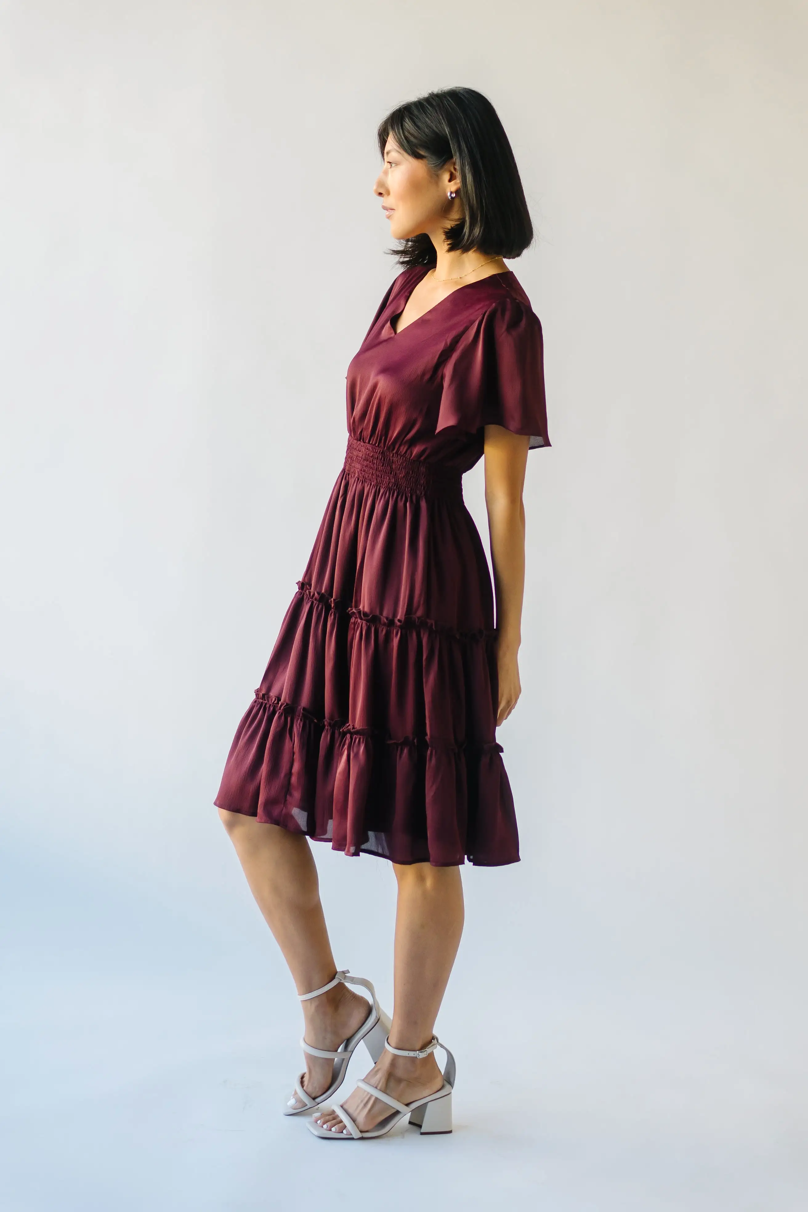 The Bicknell Tiered Midi Dress in Burgundy