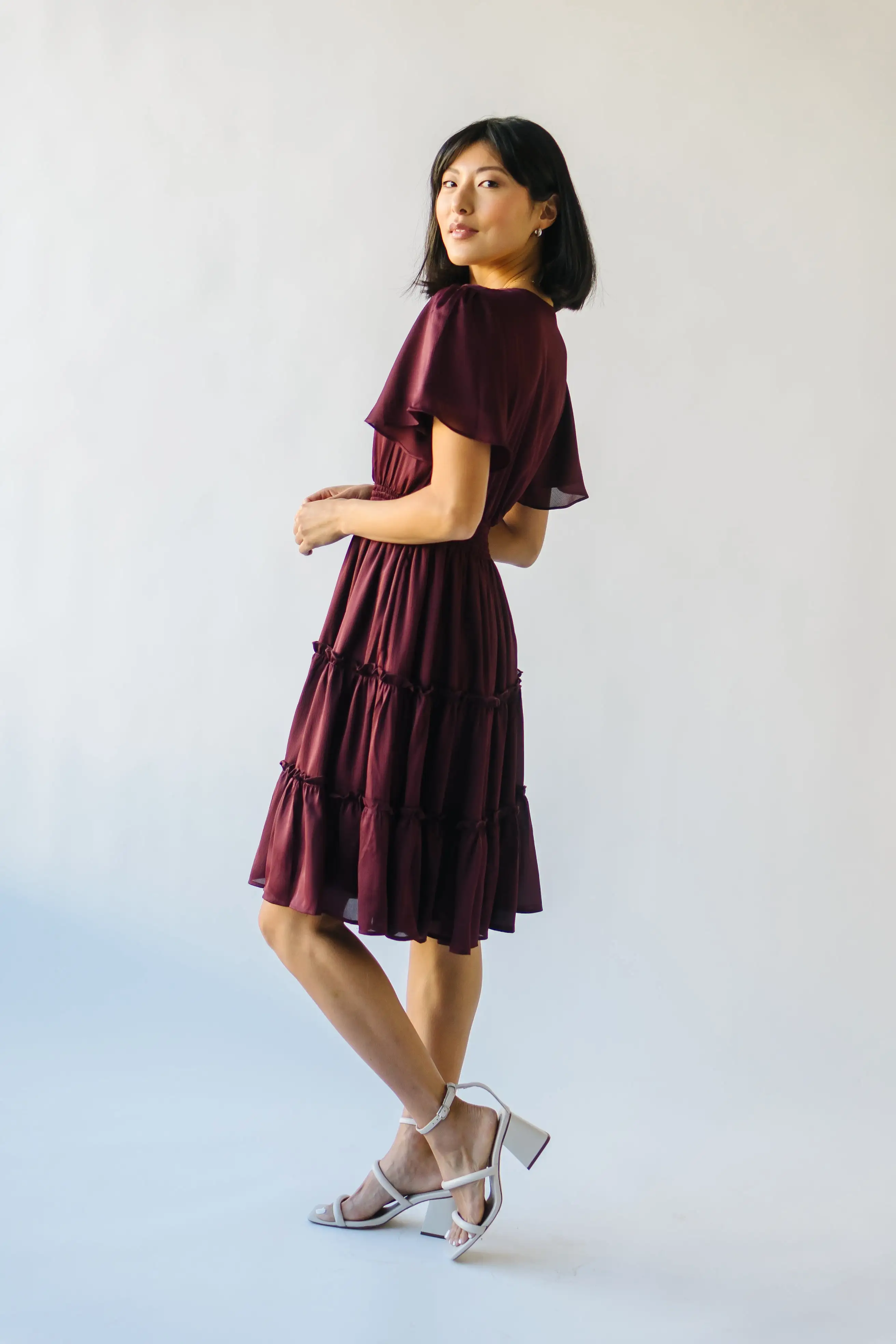 The Bicknell Tiered Midi Dress in Burgundy