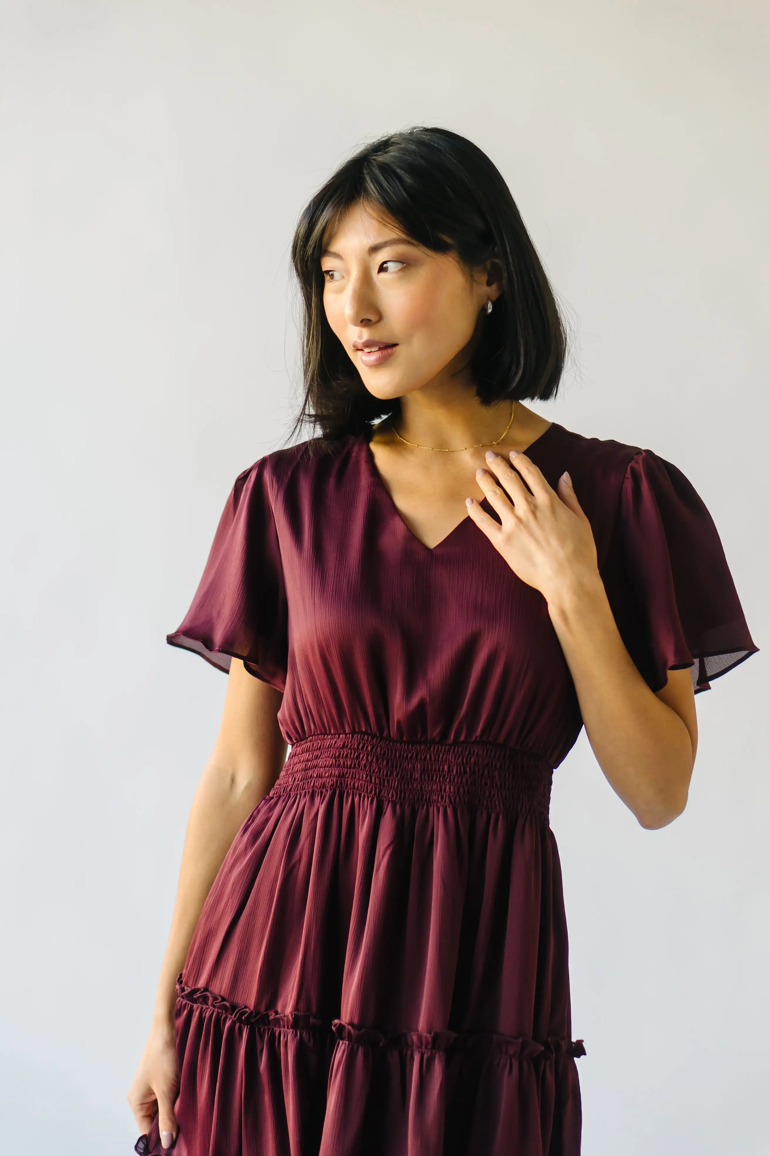 The Bicknell Tiered Midi Dress in Burgundy