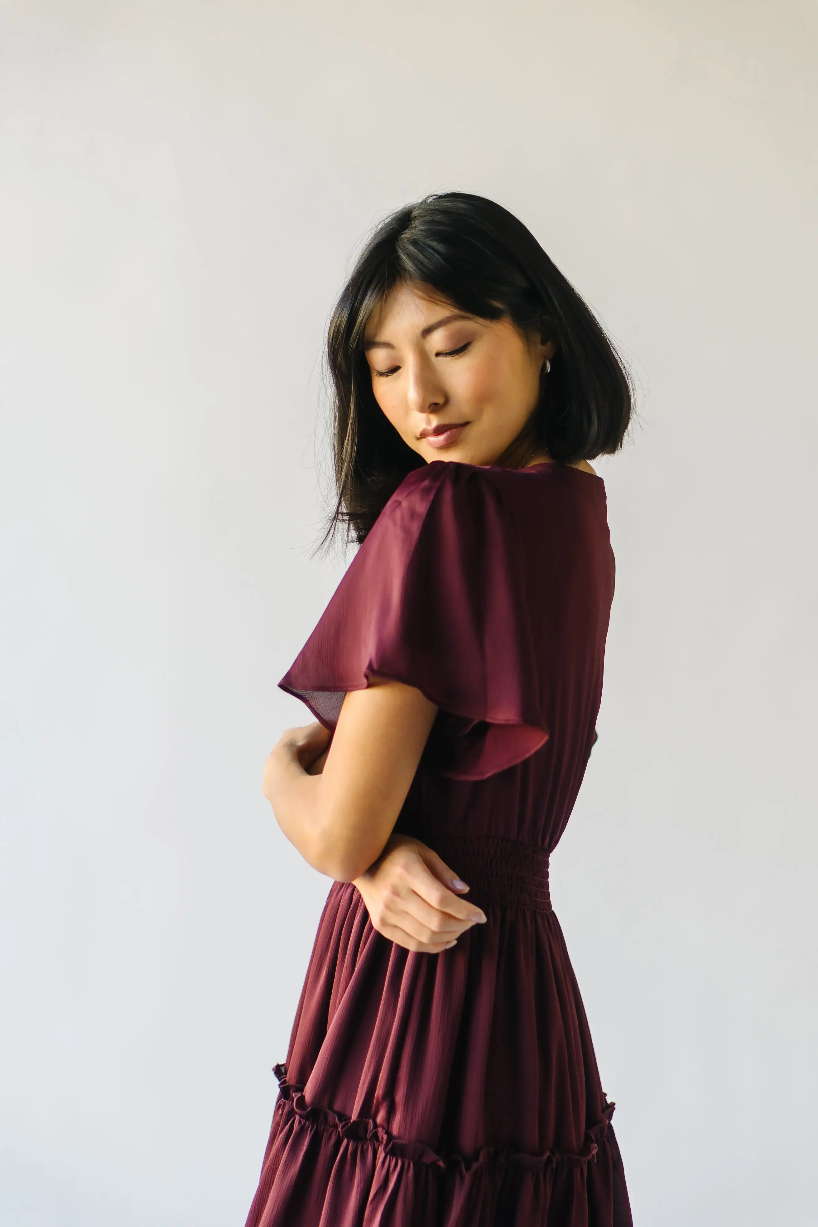 The Bicknell Tiered Midi Dress in Burgundy