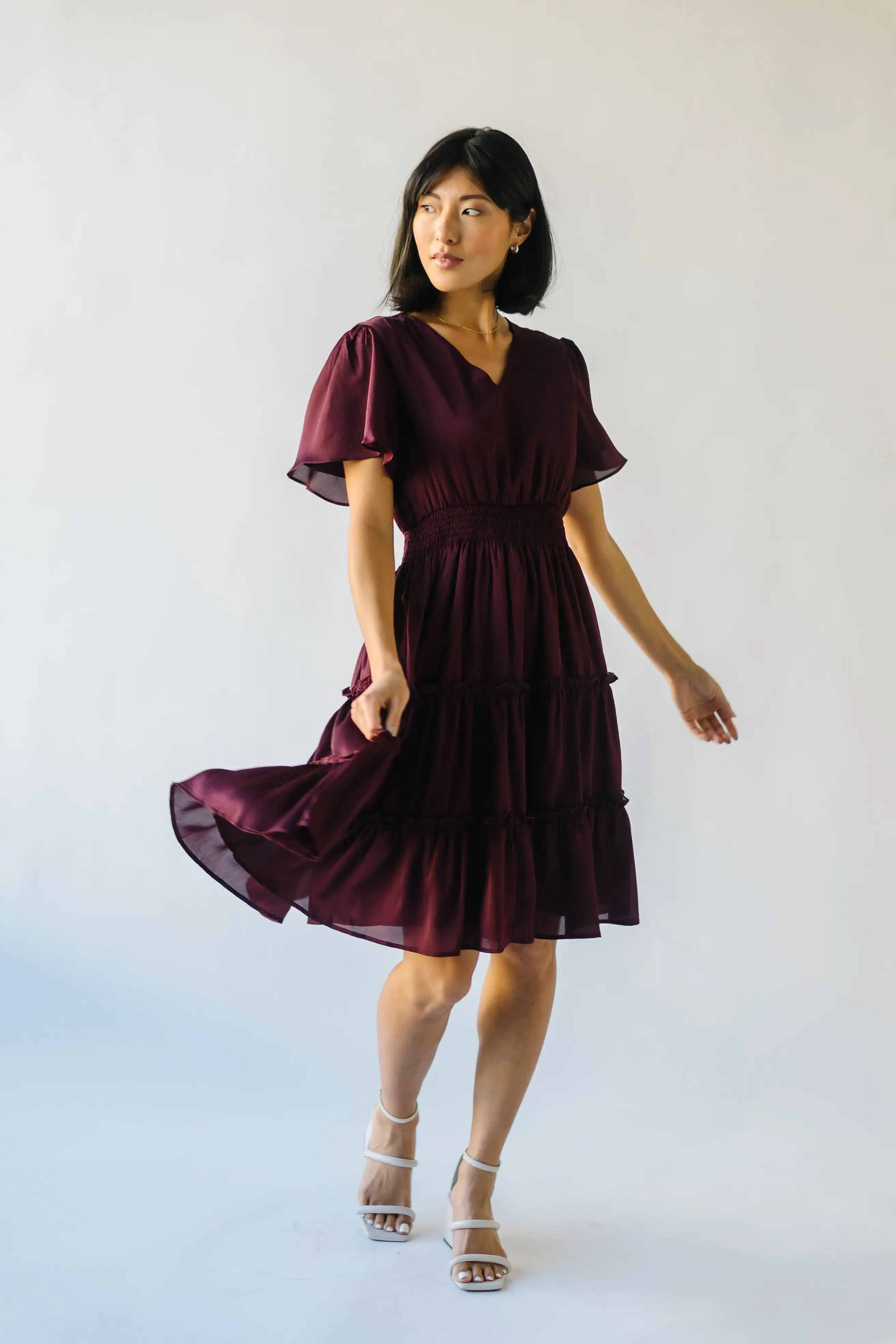 The Bicknell Tiered Midi Dress in Burgundy