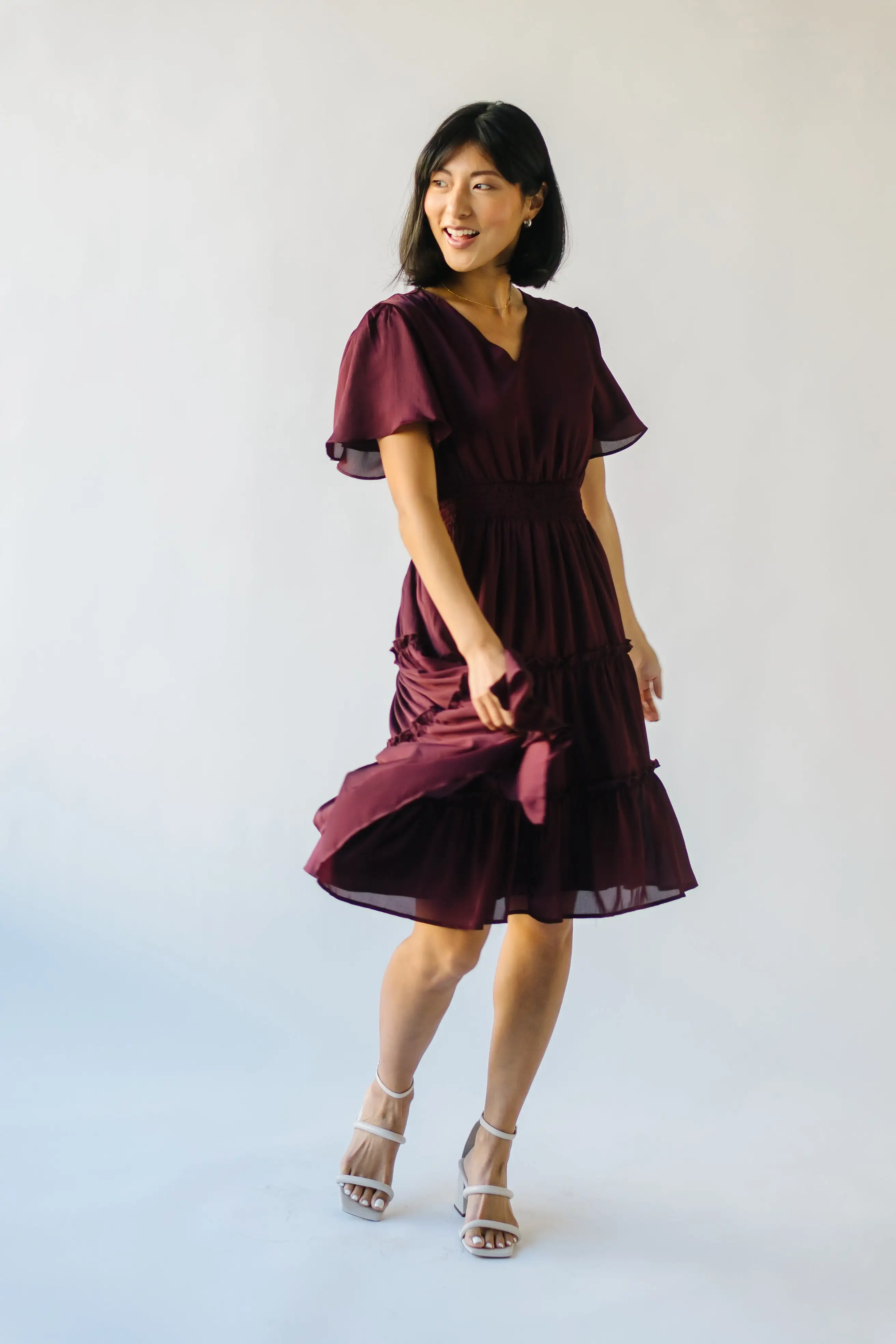 The Bicknell Tiered Midi Dress in Burgundy