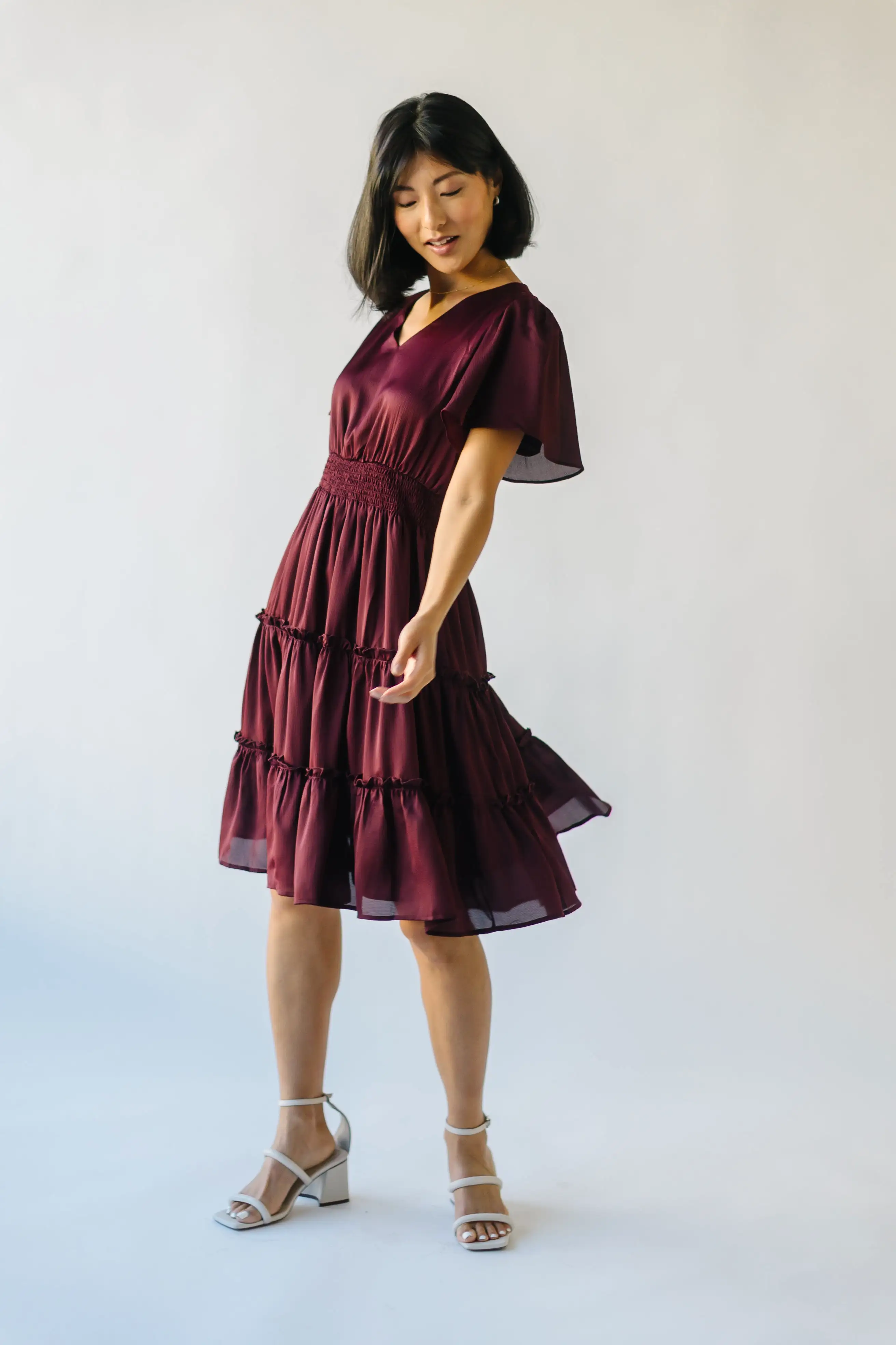 The Bicknell Tiered Midi Dress in Burgundy