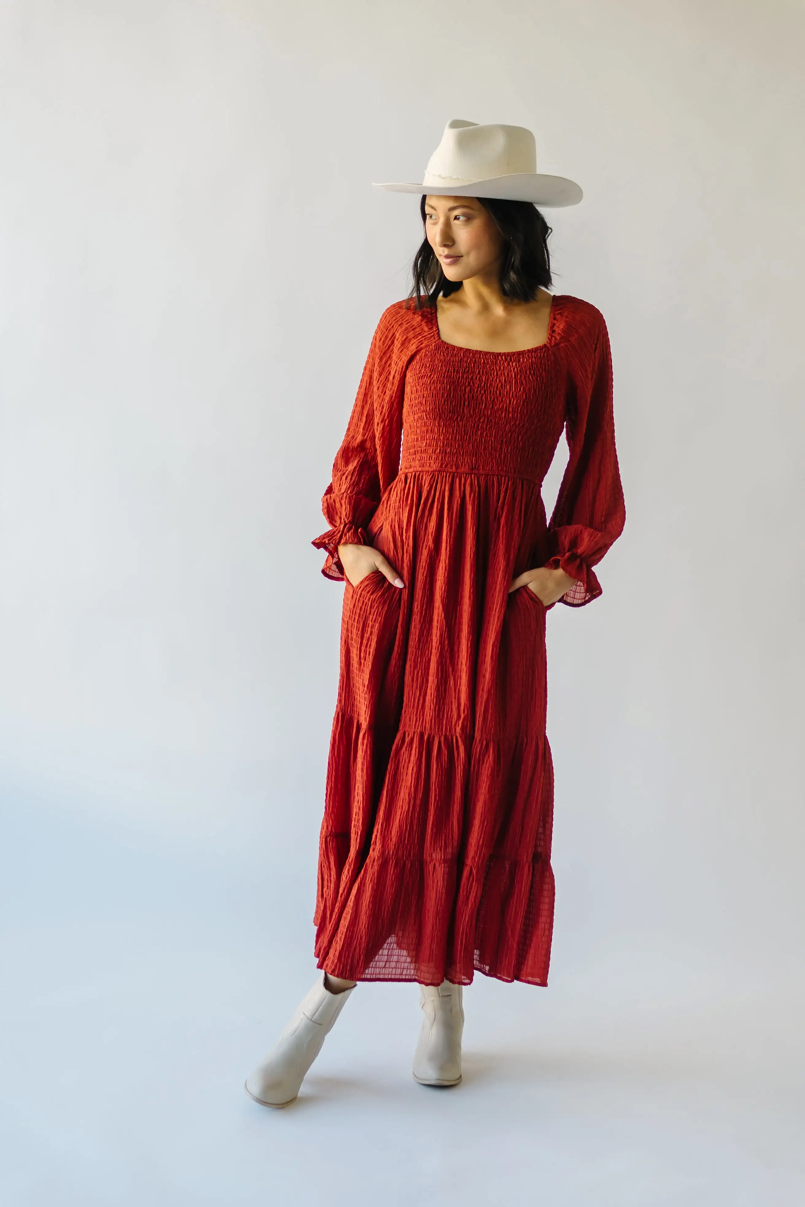 The Macedonia Tiered Midi Dress in Rust