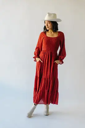 The Macedonia Tiered Midi Dress in Rust