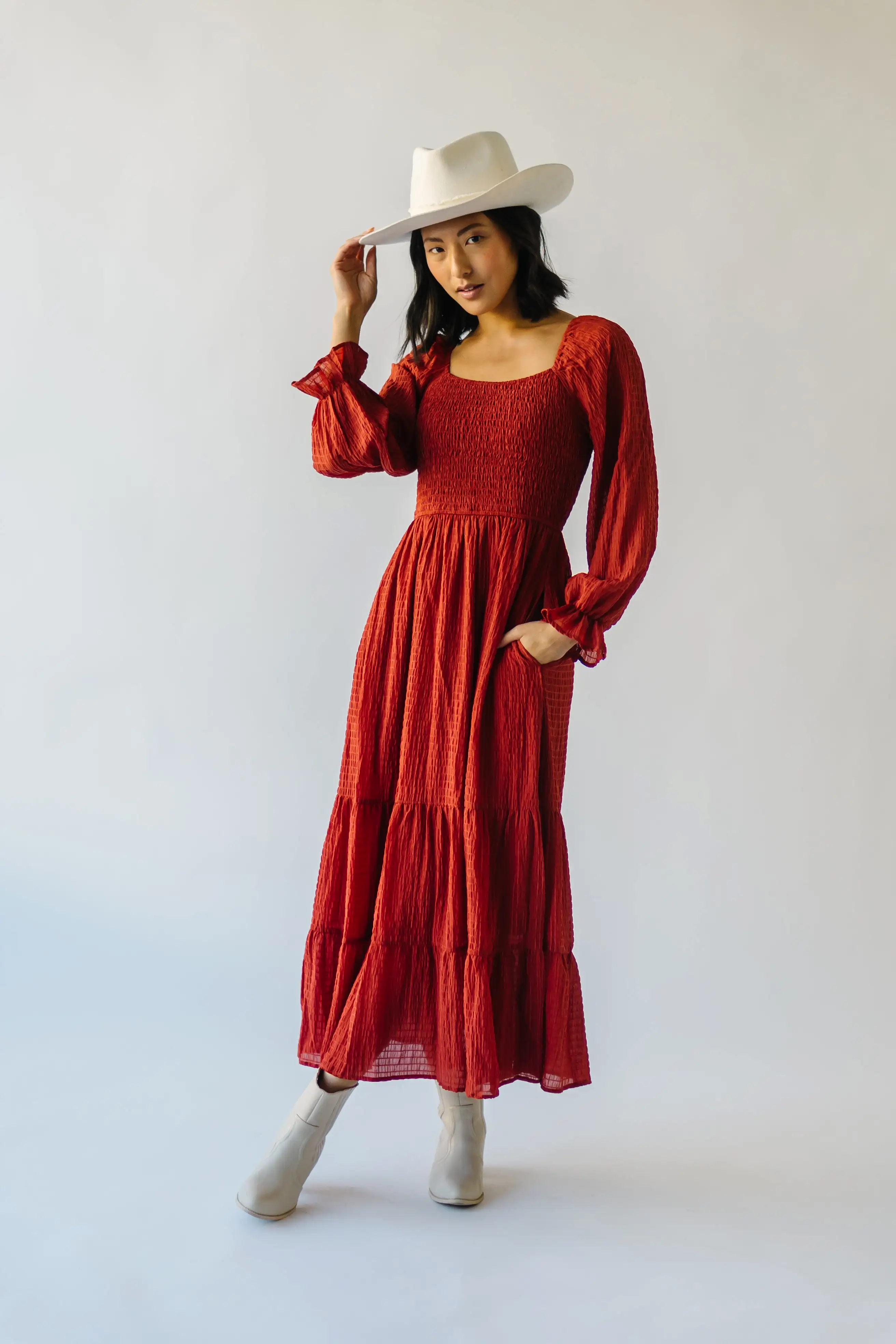 The Macedonia Tiered Midi Dress in Rust