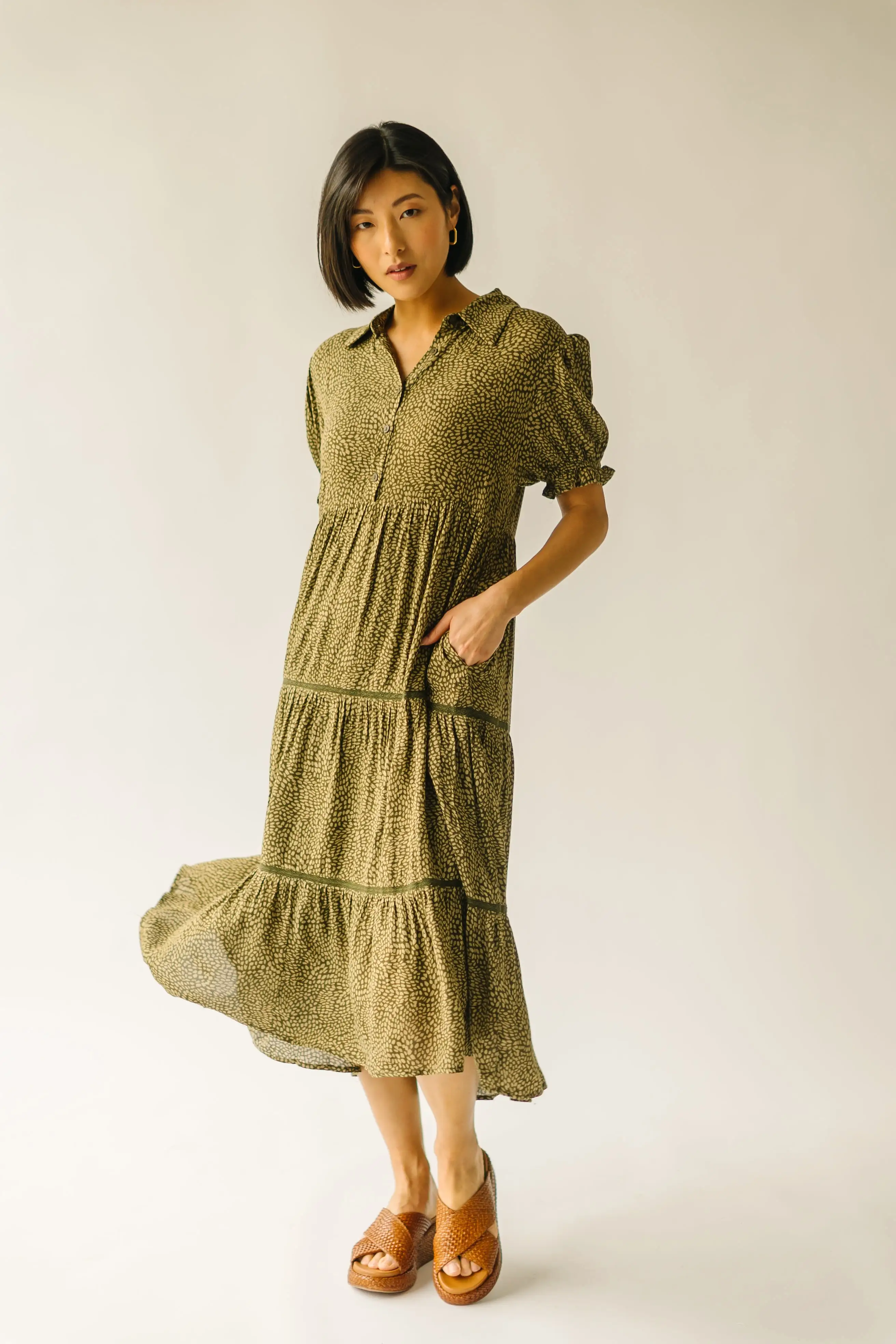 The Willden Tiered Midi Dress in Olive