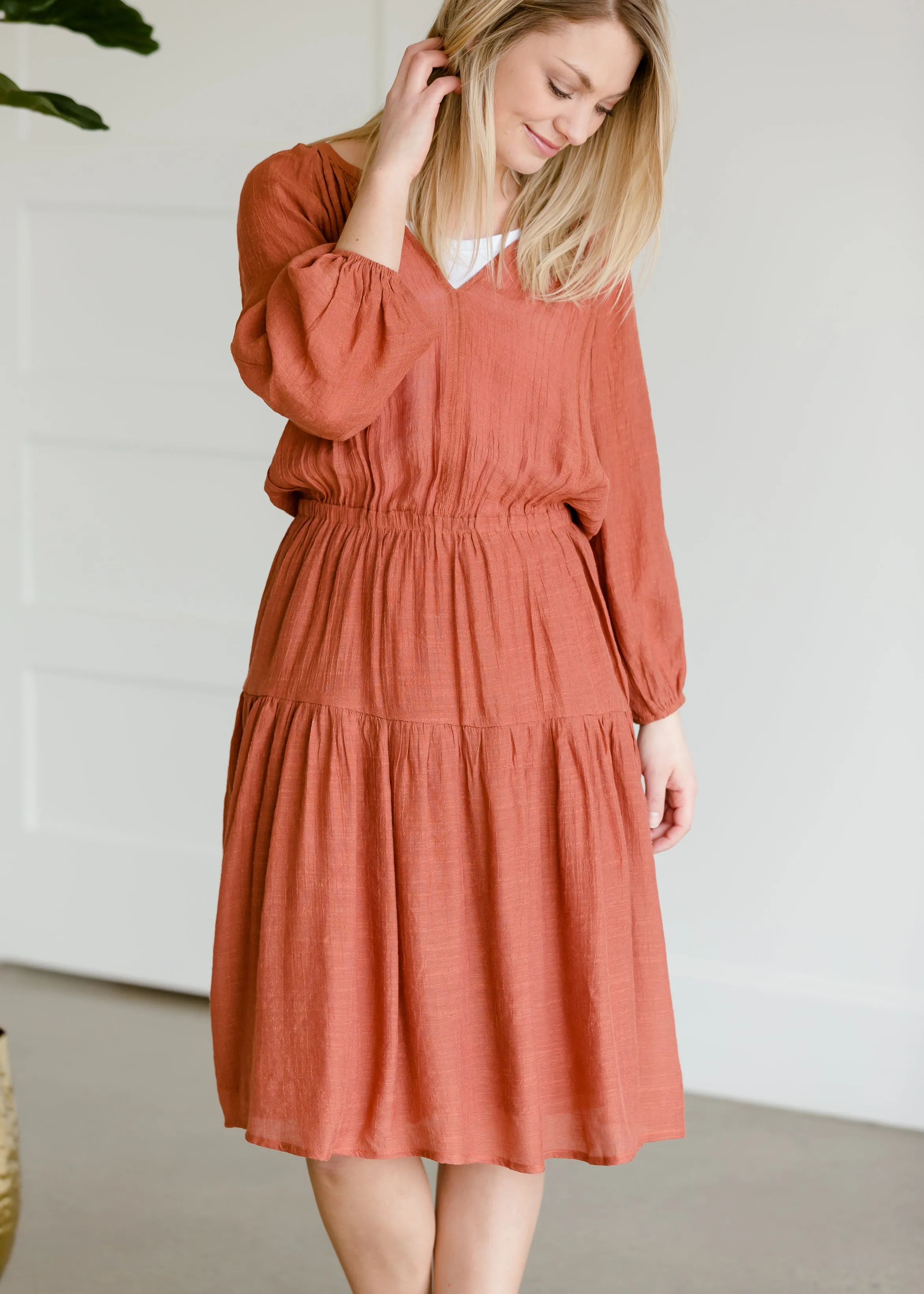 Tiered Luster 3/4 Sleeve Midi Dress - FINAL SALE