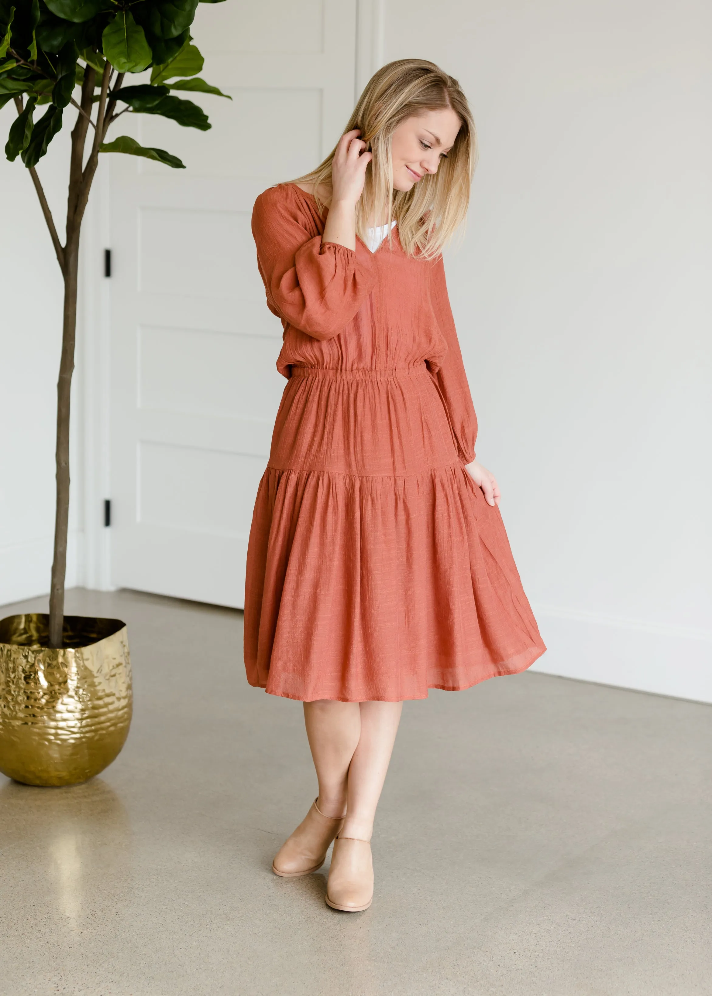 Tiered Luster 3/4 Sleeve Midi Dress - FINAL SALE