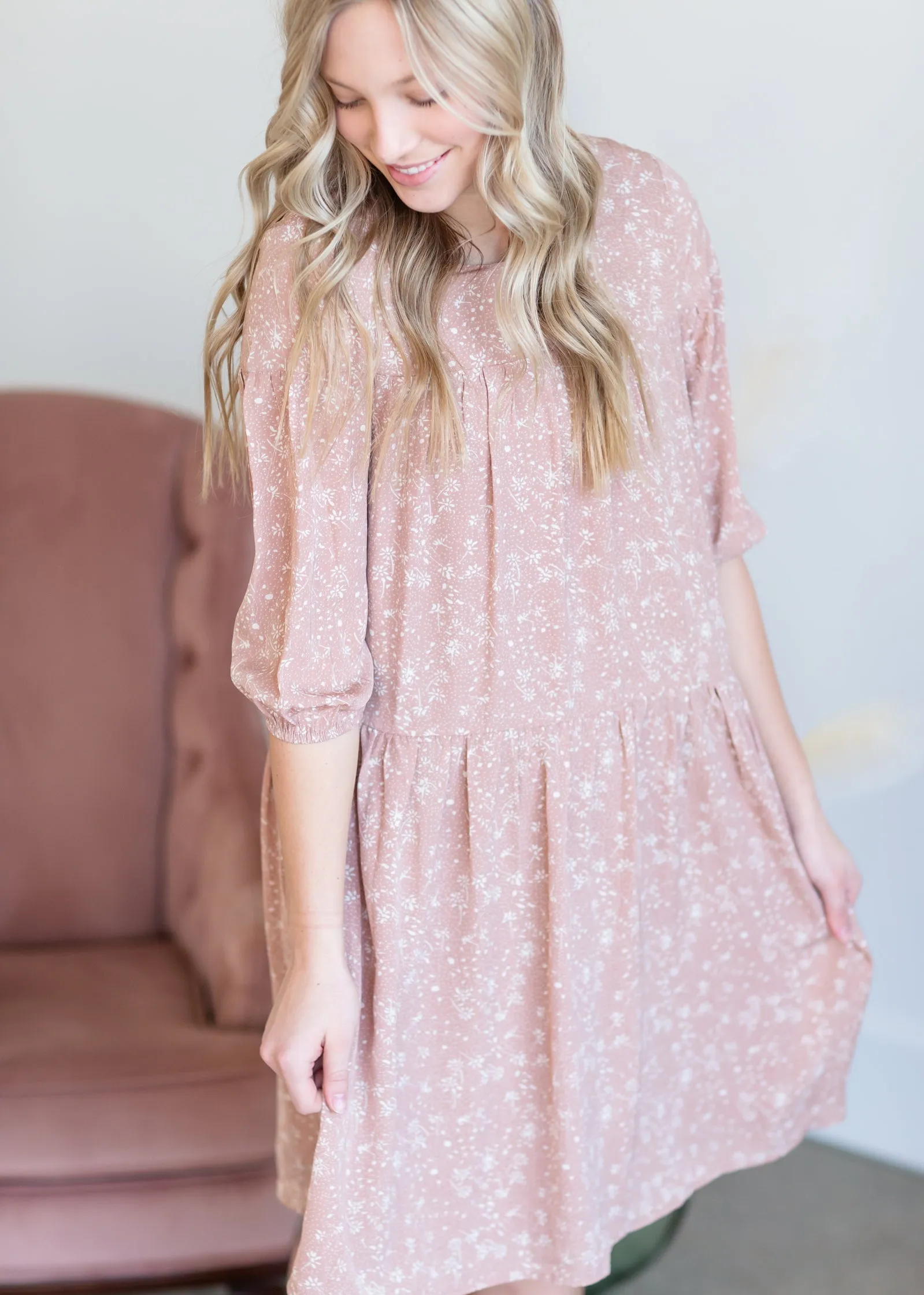 Tiered Tiny Floral Pink Midi Dress - FINAL SALE