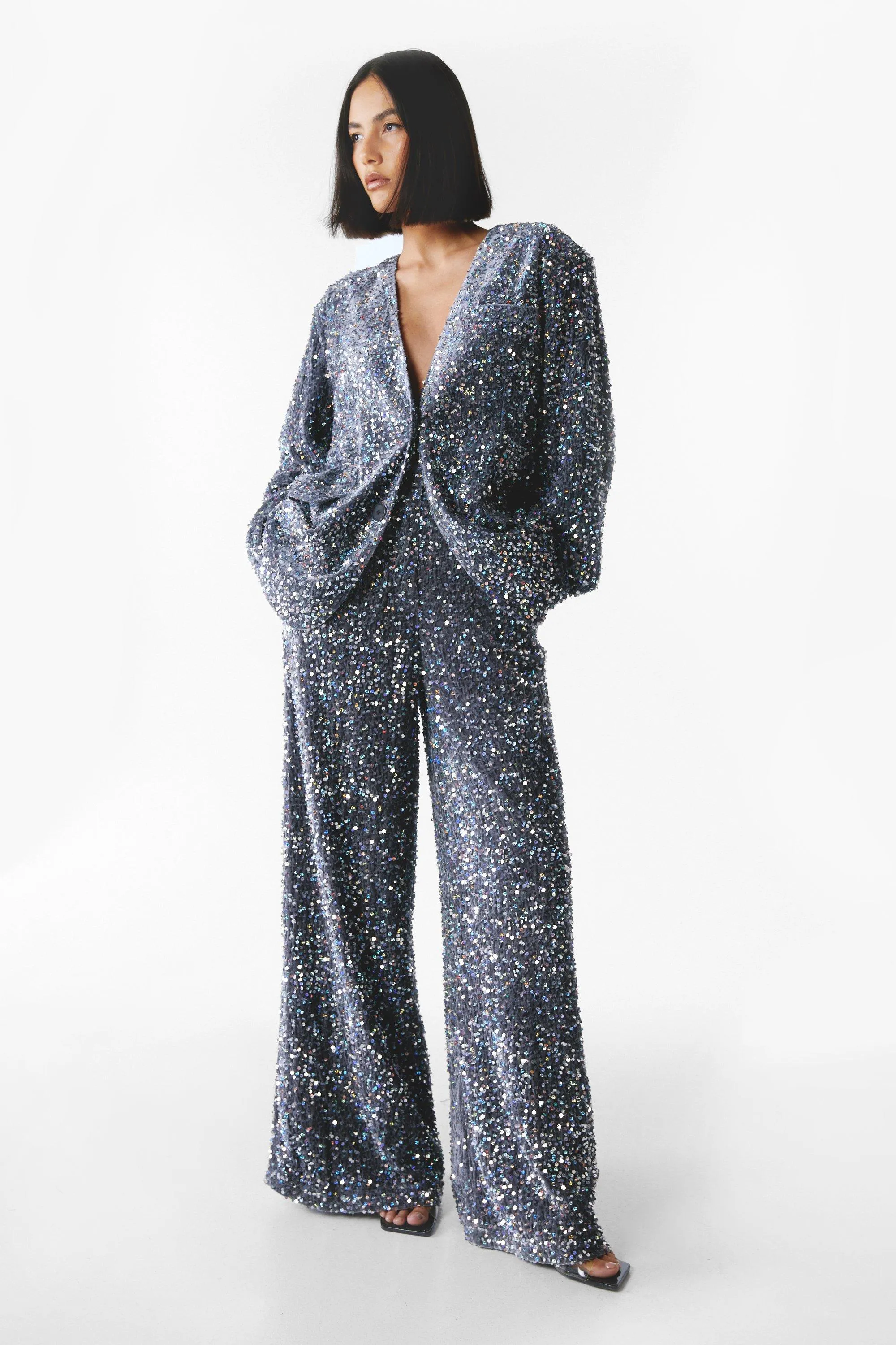 Trousers | Premium Sequin Wide Leg Trousers | NastyGal