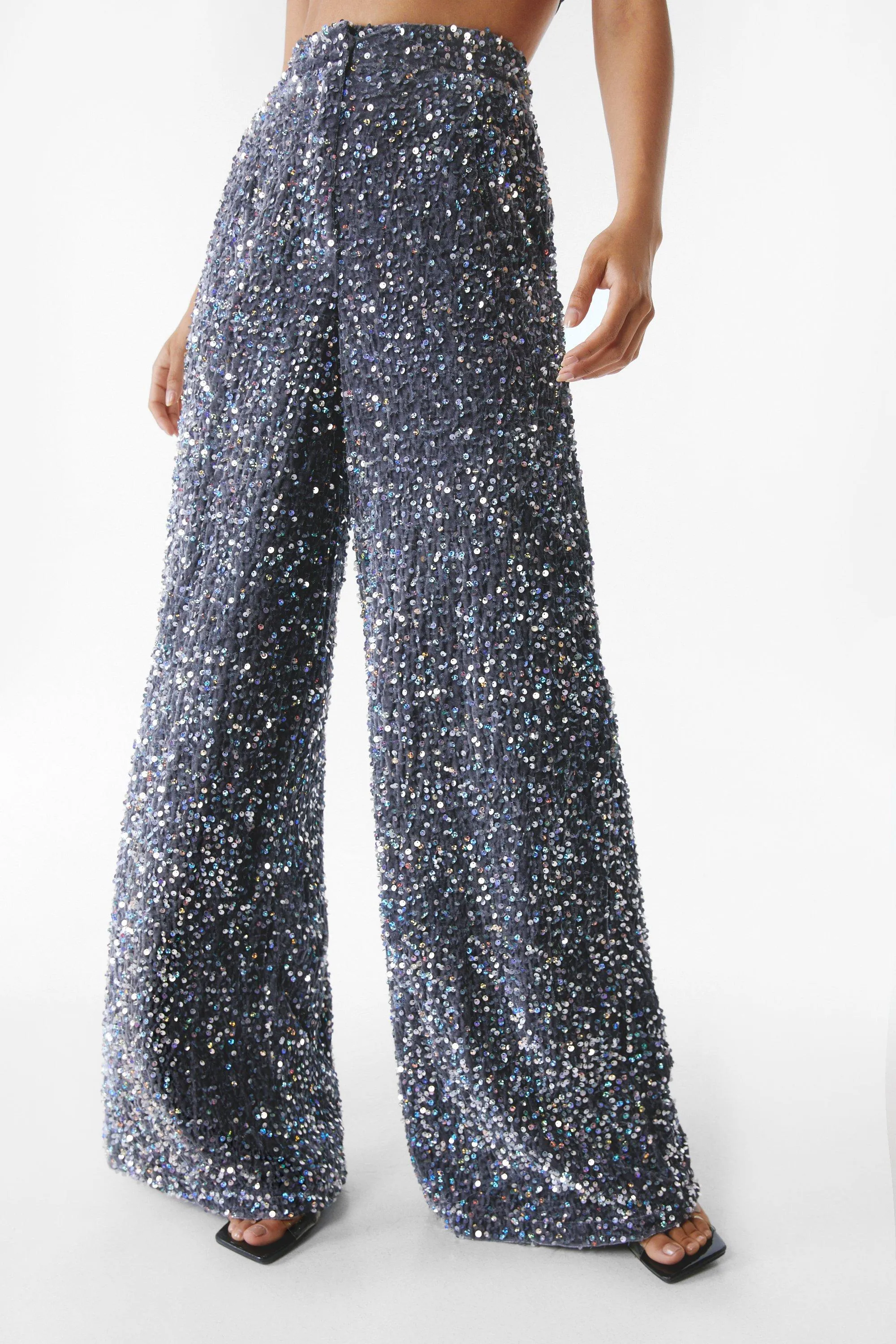 Trousers | Premium Sequin Wide Leg Trousers | NastyGal