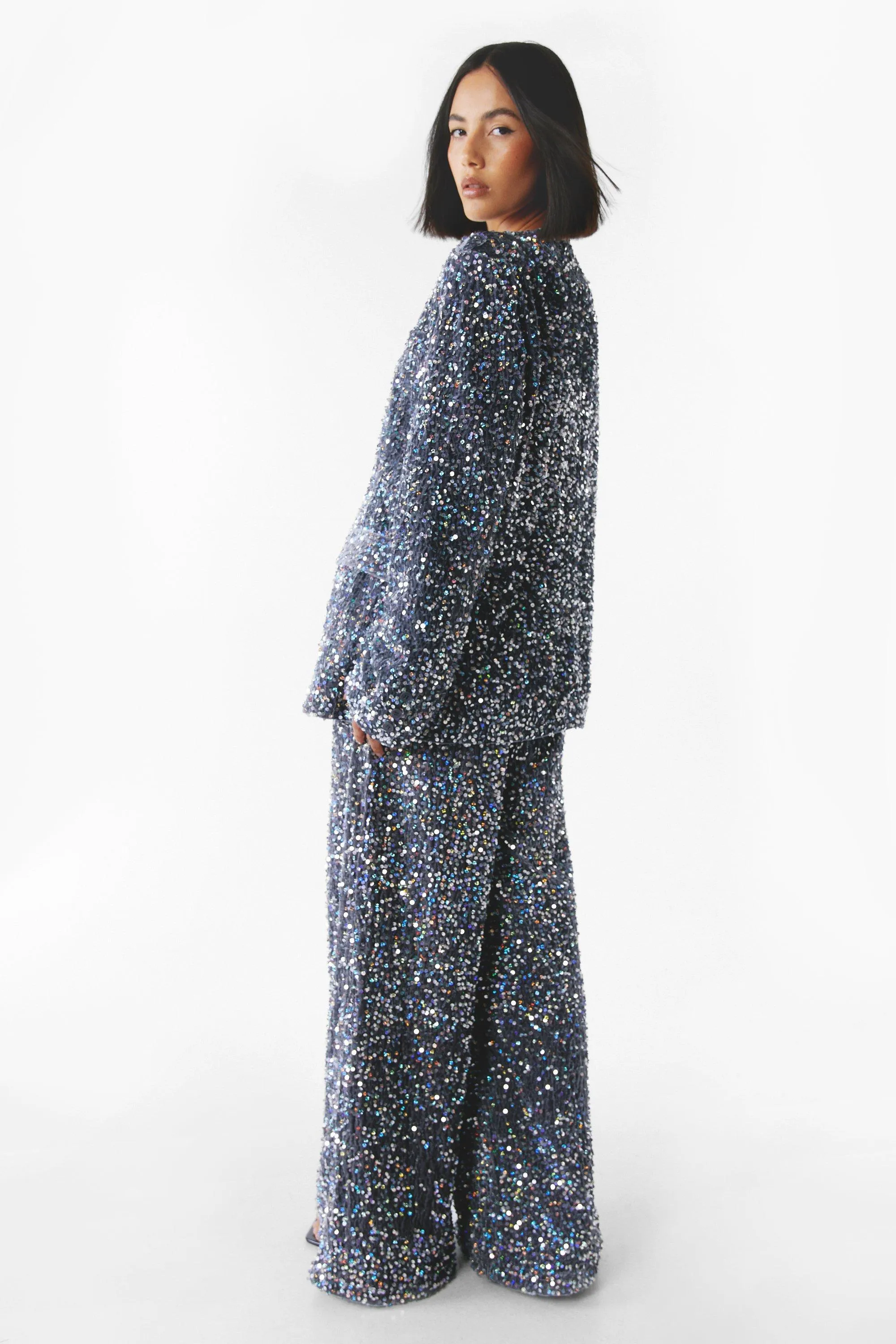 Trousers | Premium Sequin Wide Leg Trousers | NastyGal