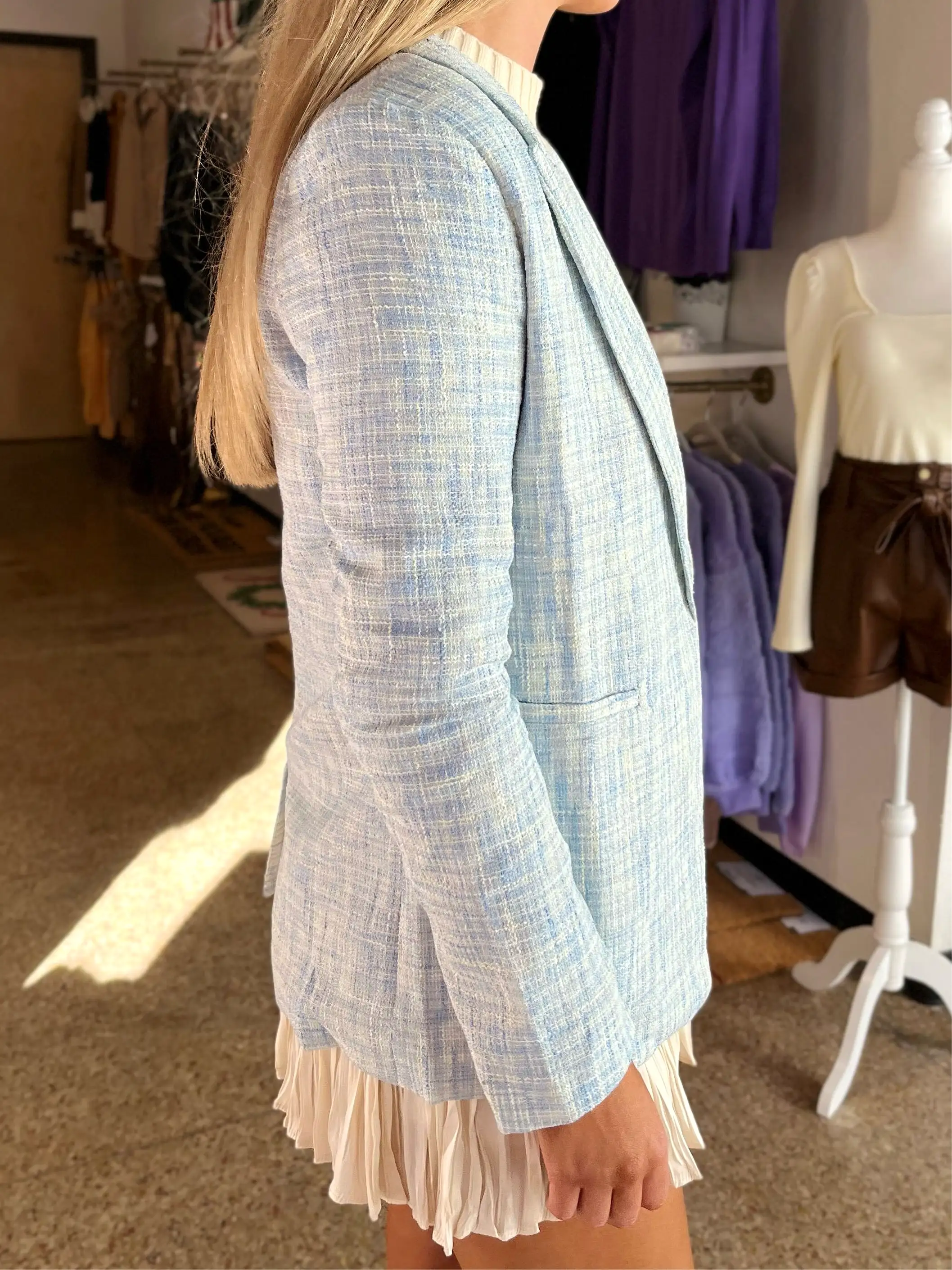 Tweed Open Front Blazer - Blue