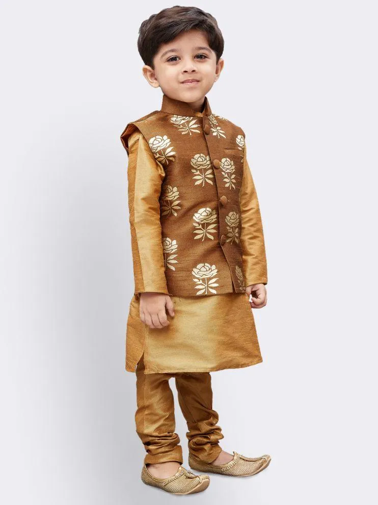 VASTRAMAY Boys' Gold Silk Cotton Blend Kurta, Waistcoat and Pyjama Set