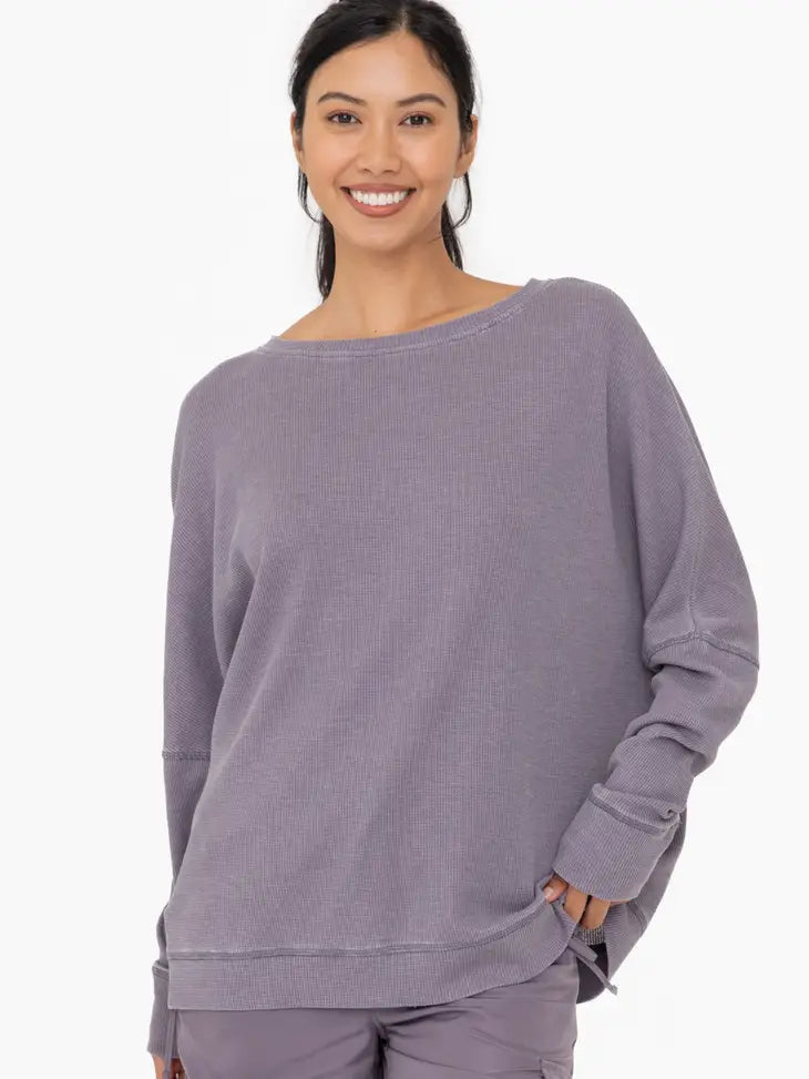 Waffle Ribbed Roundneck Pullover- Grey