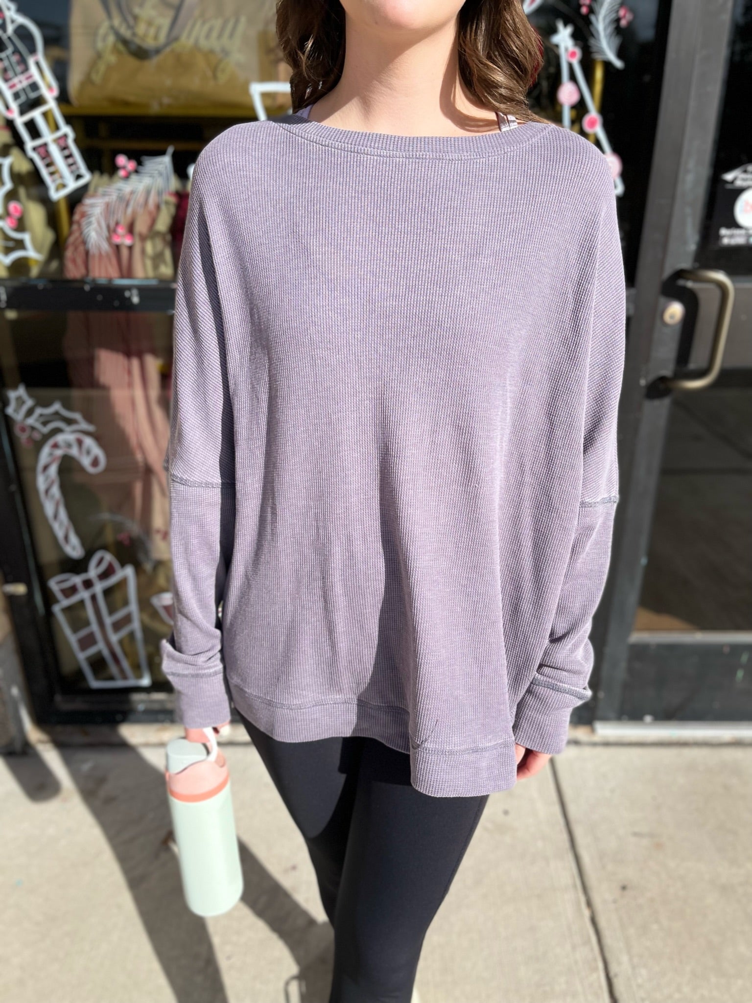 Waffle Ribbed Roundneck Pullover- Grey