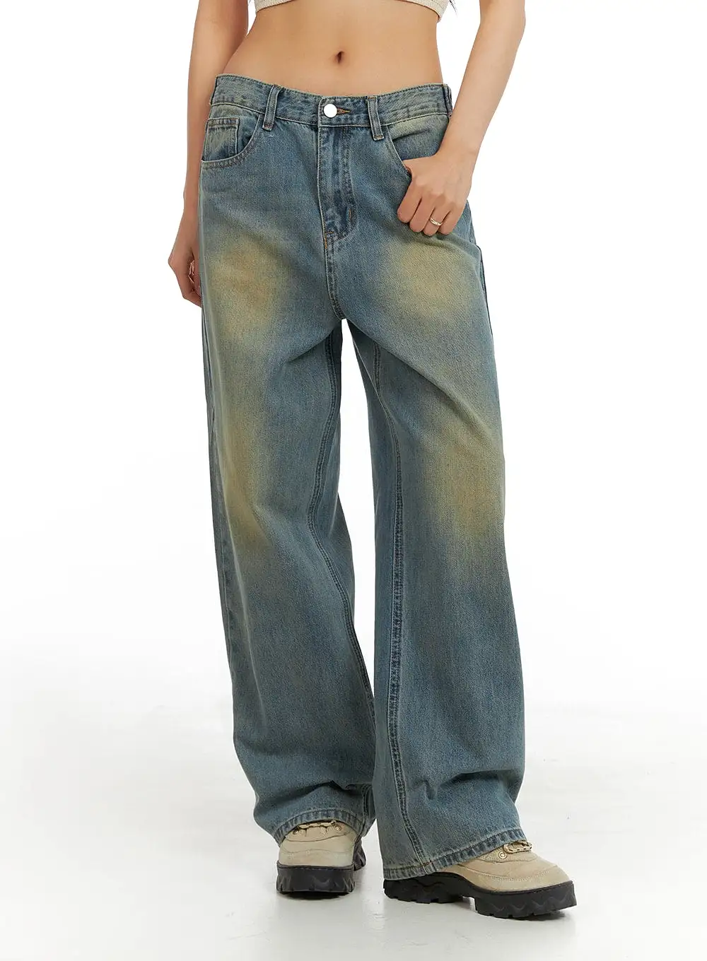 Washed Denim Wide Leg Jeans IA417