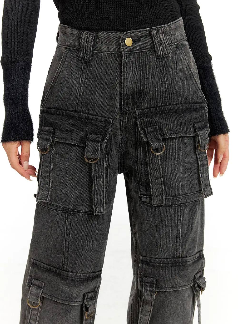 Wide-Leg Washed Cargo Jeans CF415