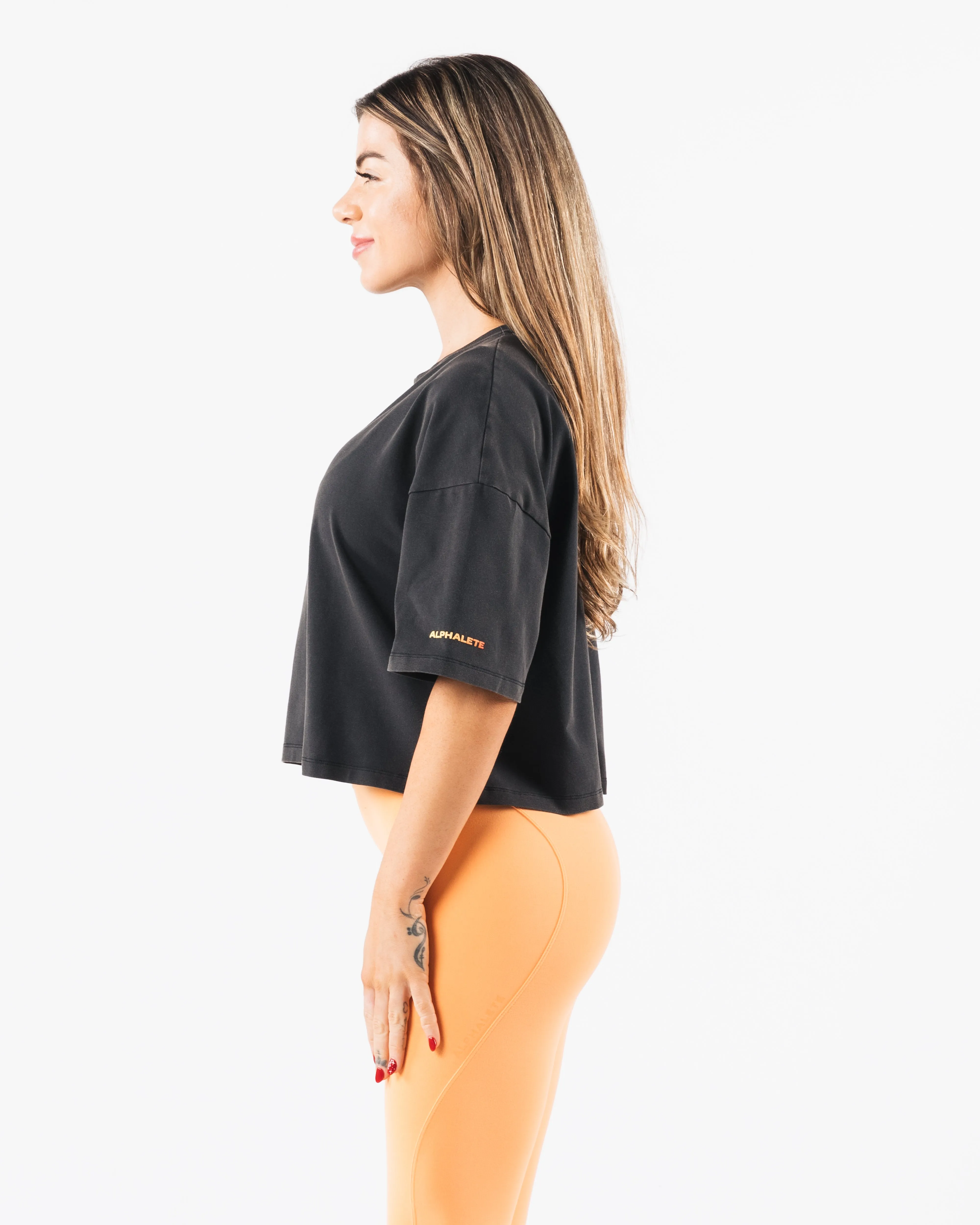 Wolf Crop Tee - Washed Black / Orange