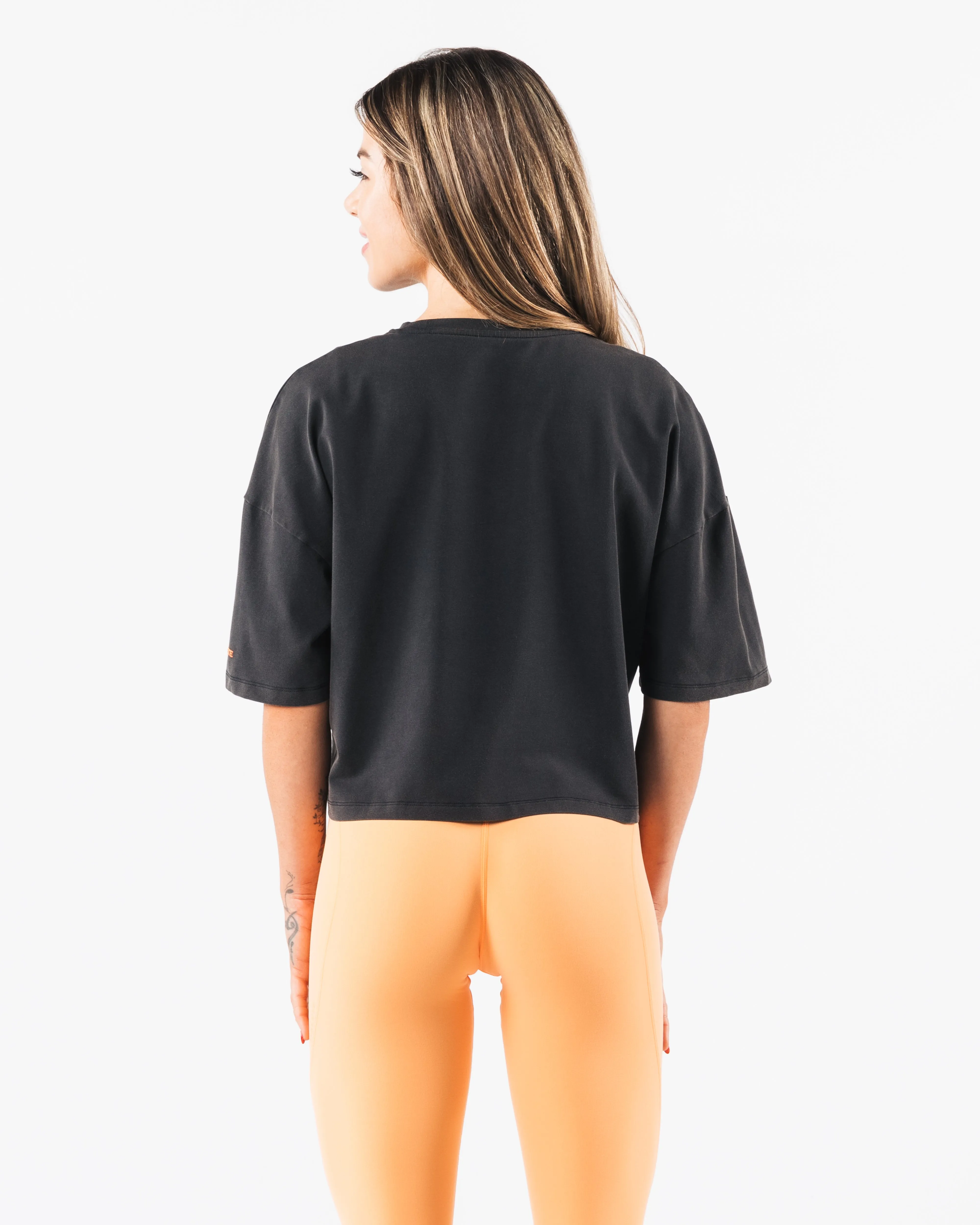 Wolf Crop Tee - Washed Black / Orange