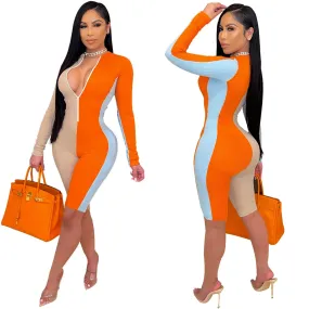 Women's Fashion Color Block Long Sleeve Active Wear Skinny Romper