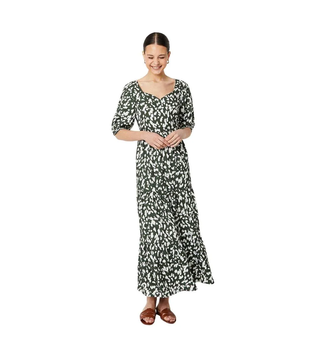 Womens/ladies abstract tiered puff sleeve midi dress khaki green Dorothy Perkins