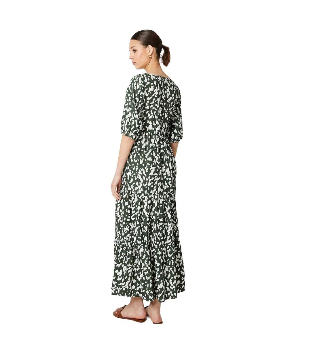 Womens/ladies abstract tiered puff sleeve midi dress khaki green Dorothy Perkins