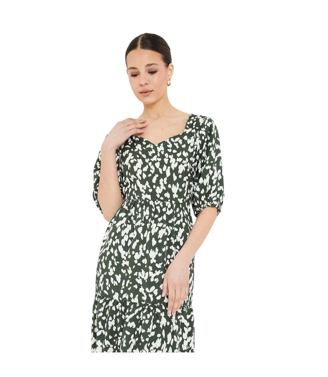 Womens/ladies abstract tiered puff sleeve midi dress khaki green Dorothy Perkins