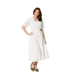 Womens/ladies broderie tiered midi dress ivory Principles